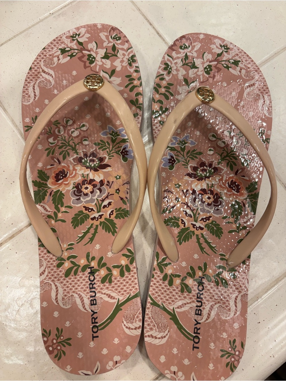 Tory Burch Floral Pink Jelly Flip Flops with Gold Logo
